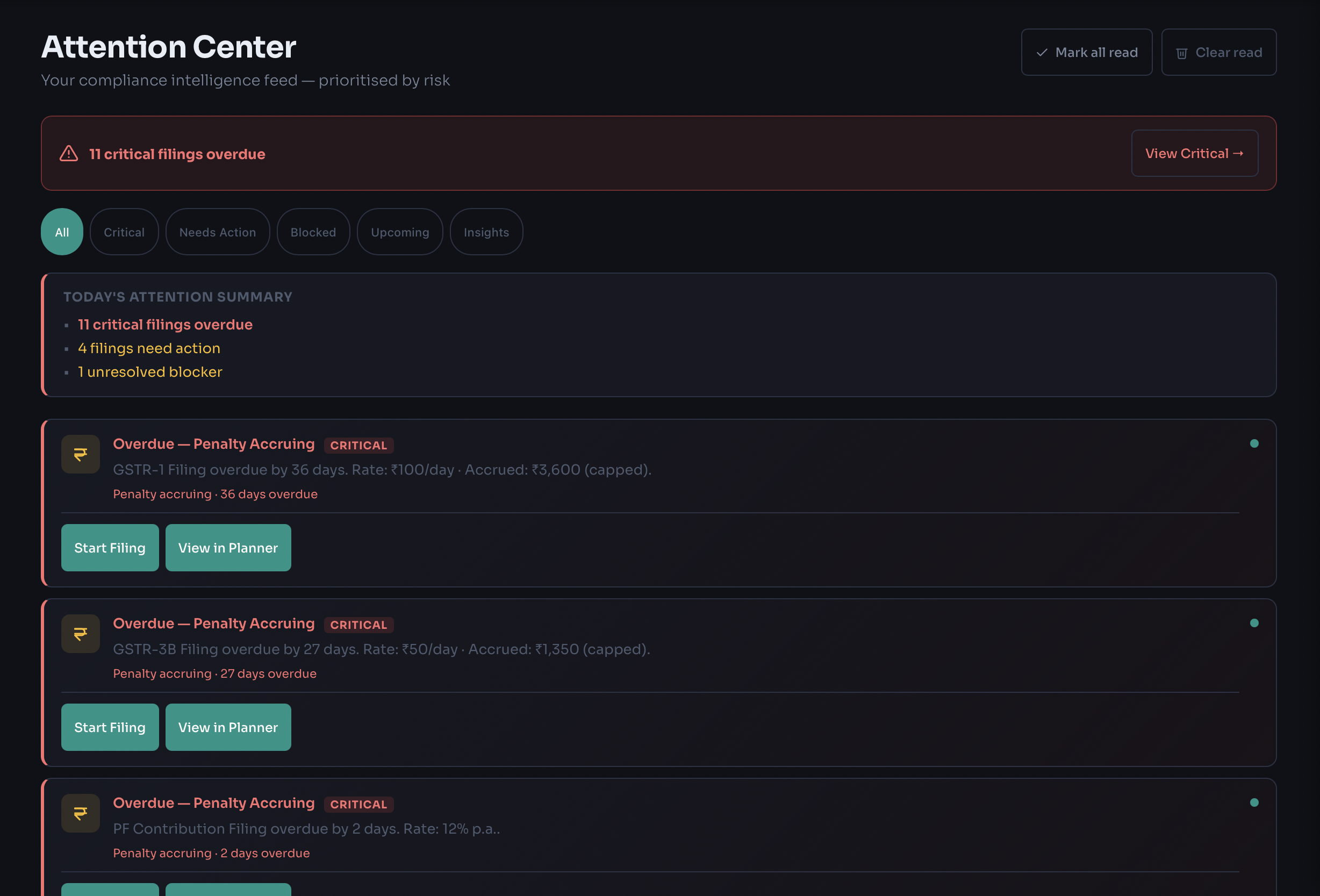 CompliOne Attention Center listing overdue and urgent filings