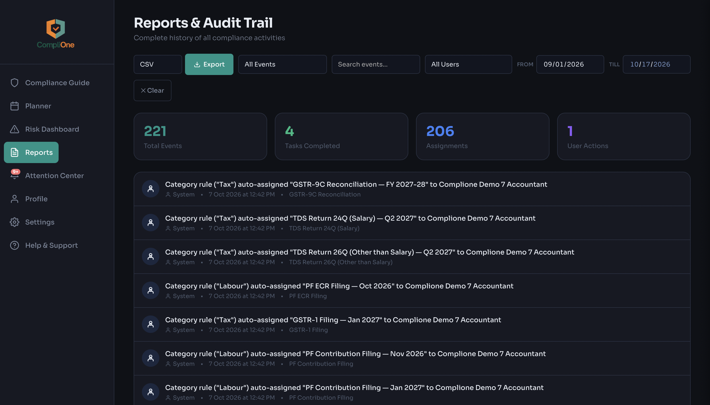 CompliOne Audit Trail showing who filed what and when